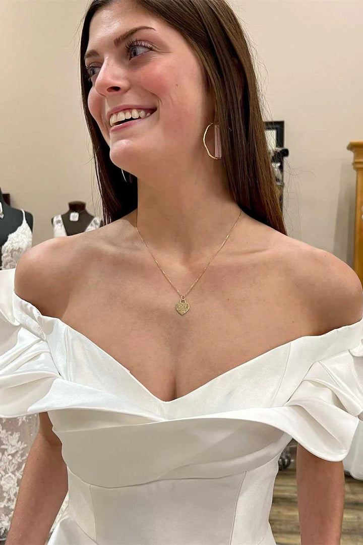 White Satin Off-the-Shoulder Ruffled A-Line Long Wedding Dress 