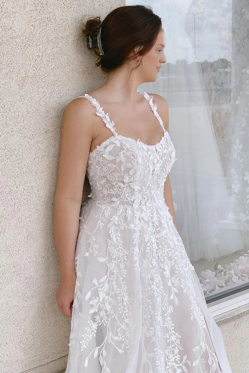 Bohemain A Line Spaghetti Strap Sweetheart Tulle Wedding Dresses with Appliques