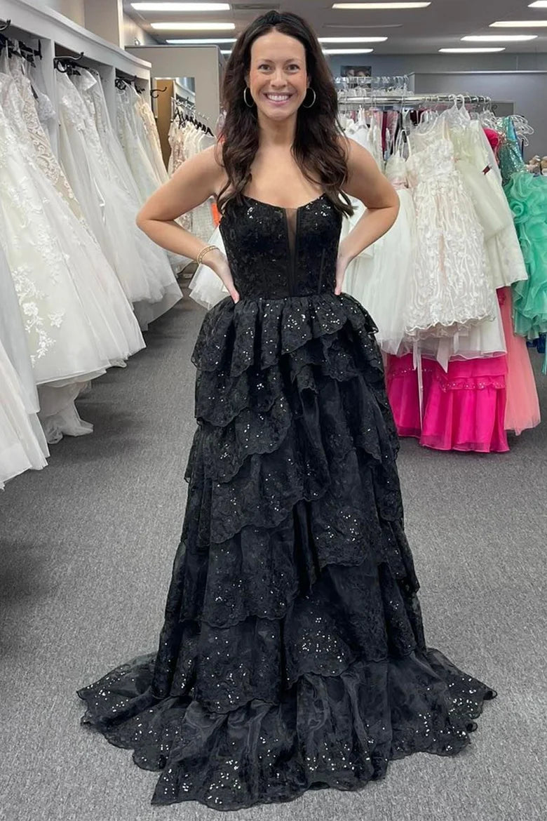 Tulle Sequin Spaghetti Strap Ruffle Tiered Long Gown with Slit