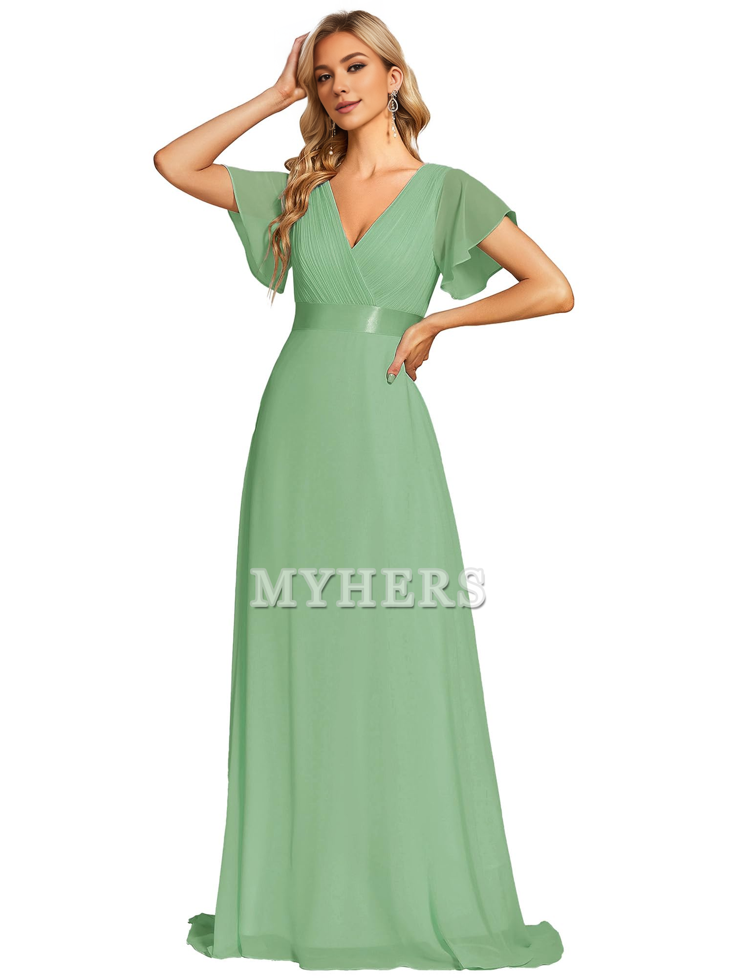 Short Sleeve V-Neck Elegant Simple Floor Length High Quality Bridesmaid Dresses Wedding Guests Dresses