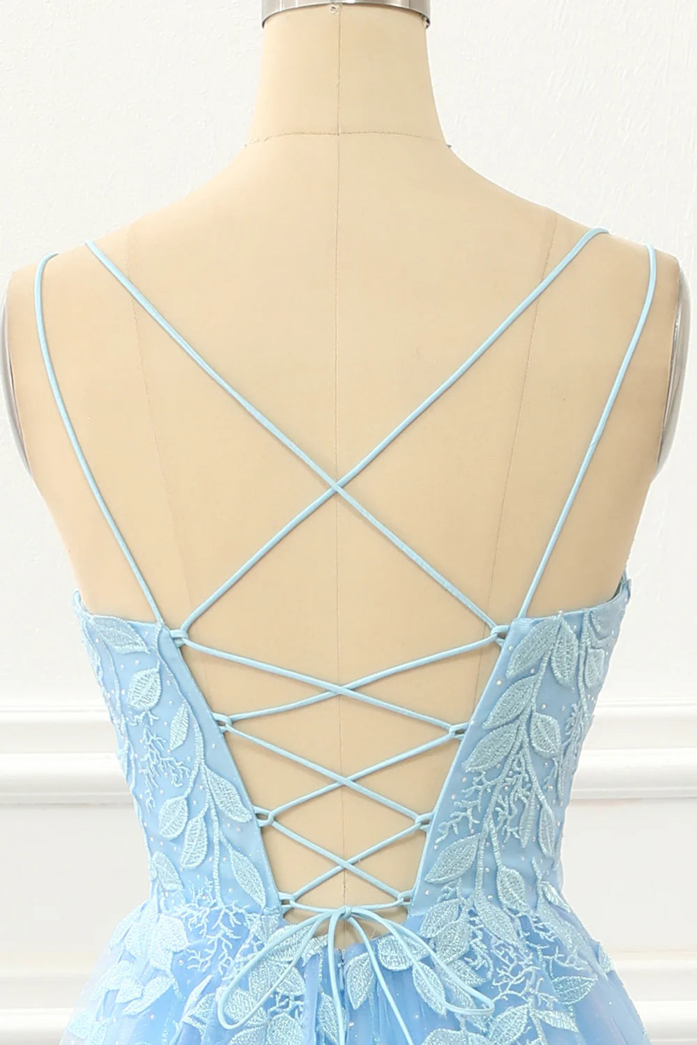 Blue Tulle Spaghetti Strap Lace-up Back A Line Prom Dress with Appliques