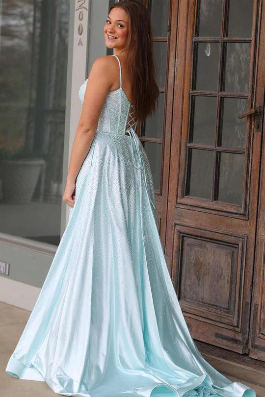 Cute A Line V Neck Spaghetti Strap Mint Satin Lace-Up Back Long Prom Dress with Beading