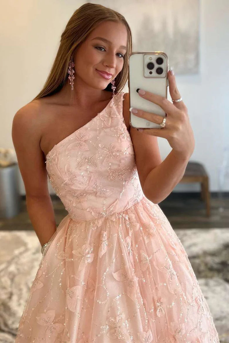 3D Butterfly One-Shoulder A-Line Prom Dress