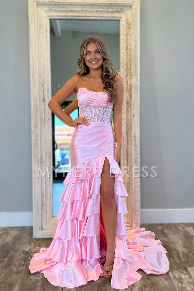 My Hers Ladies Formal Dress Strapless Scoop Layered Pleated Mermaid Side Fork Elegant Prom Dress