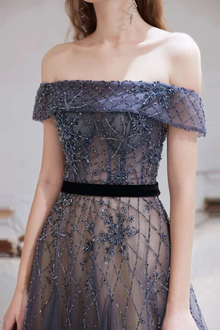 Tulle Beaded Off-the-Shoulder Floor Length Prom Dress