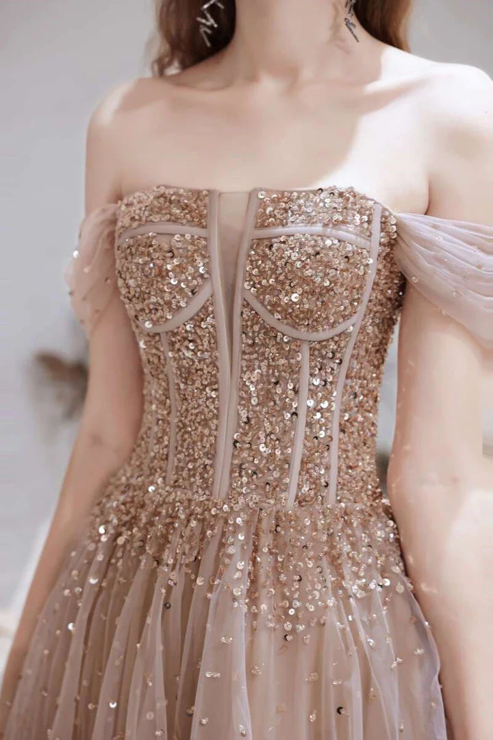 A-Line Tulle Off-the-Shoulder Prom Dress with Sequins