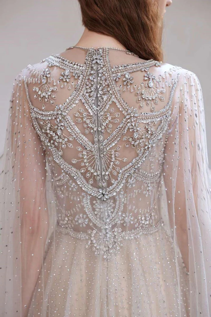 Glamorous Tulle Beaded Long Prom Gown with Cape