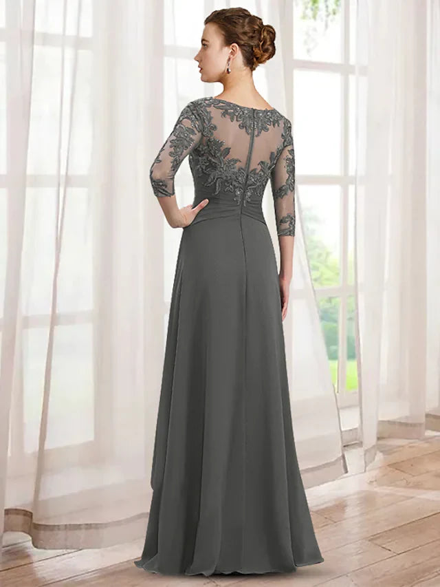 A-Line Mother of the Bride Dress Elegant V Neck Floor Length Chiffon Lace Length Sleeve with Ruffles Appliques