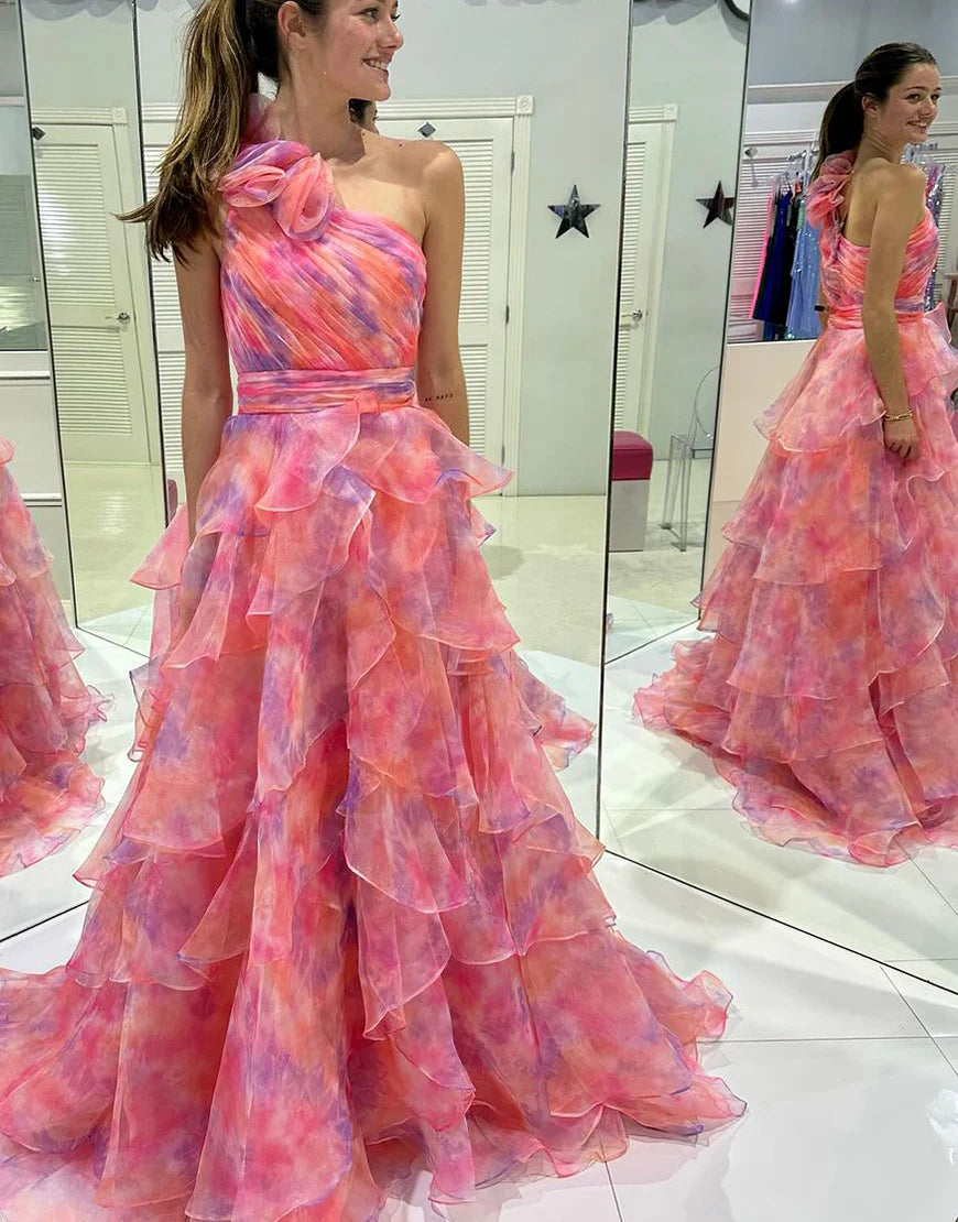 Print A Line One Shoulder Tiered Long Prom Dress