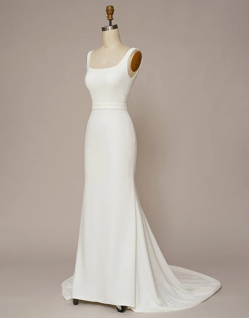 Square Neck Backless White Wedding Dress