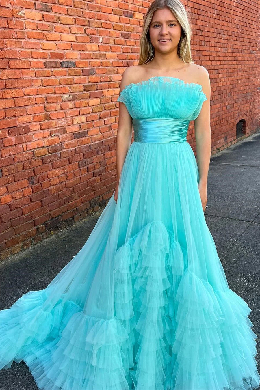 Organza Strapless Belted A-Line Tiered Prom Dress with Ruffles