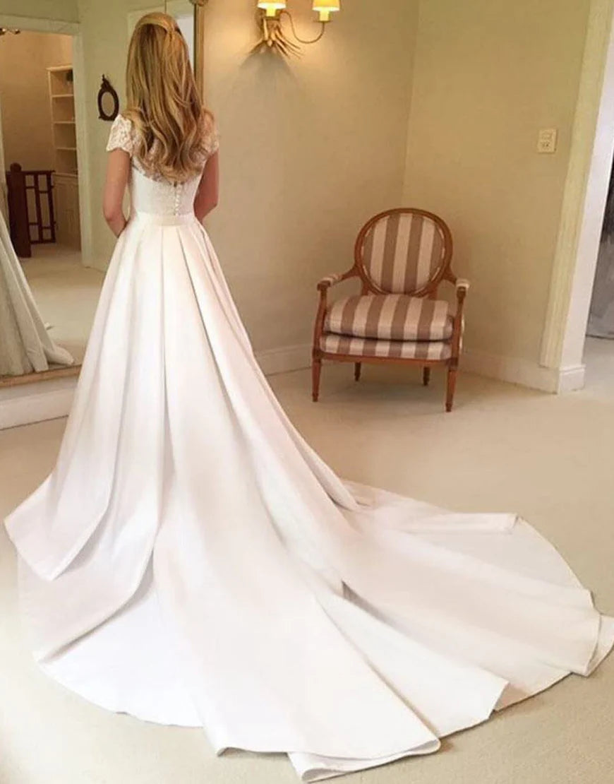 Short Sleeves A Line Chapel Train Long Bridal Dress