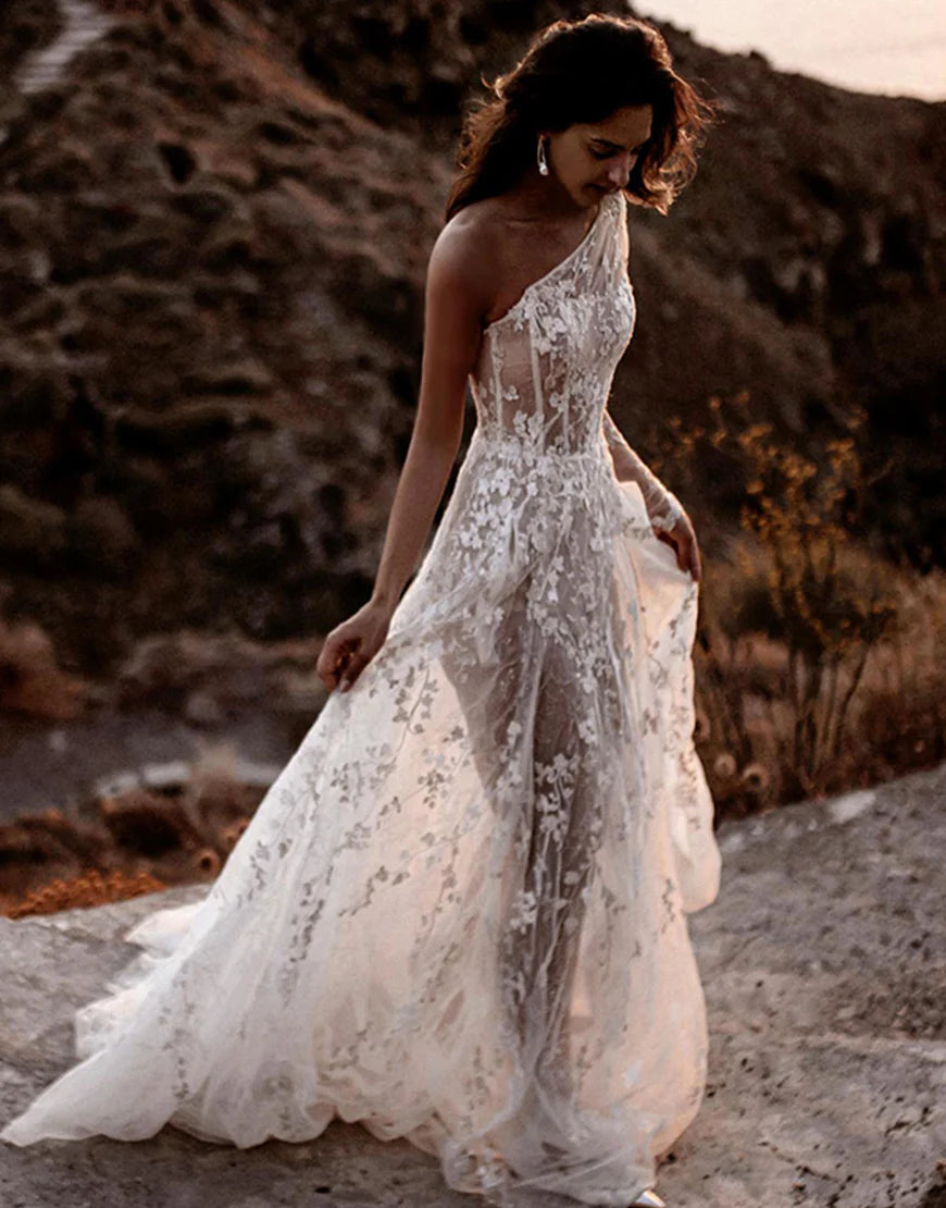 One Shoulder Beach Wedding Dress with Split