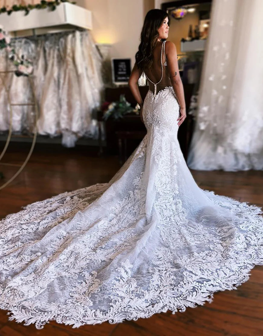 Mermaid Spaghetti Straps Ivory Chapel Train Long Bridal Dress