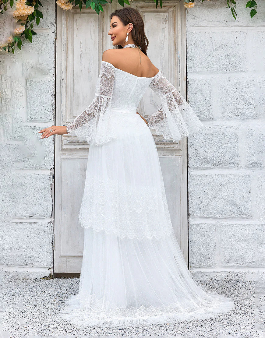 Sweep Train Flare Sleeves Wedding Dress