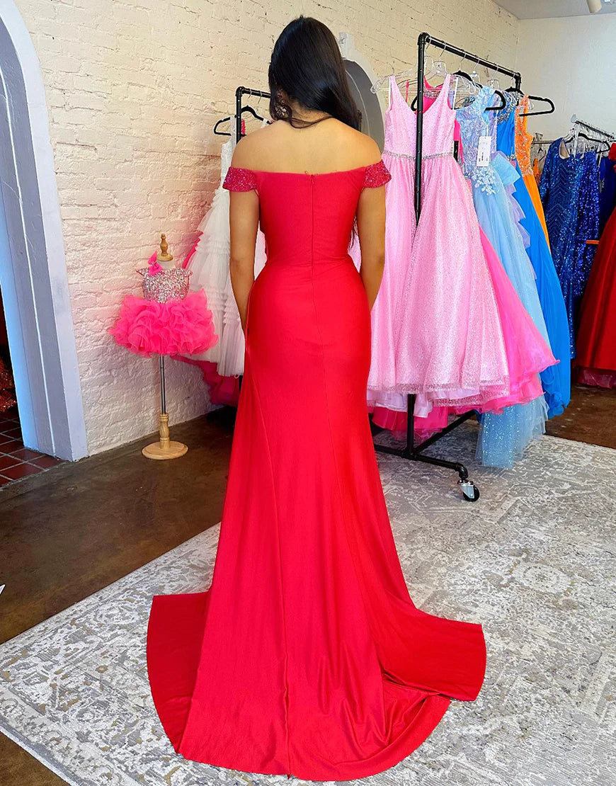 Mermaid Sequined Off The Shoulder Long Prom Dress With Slit