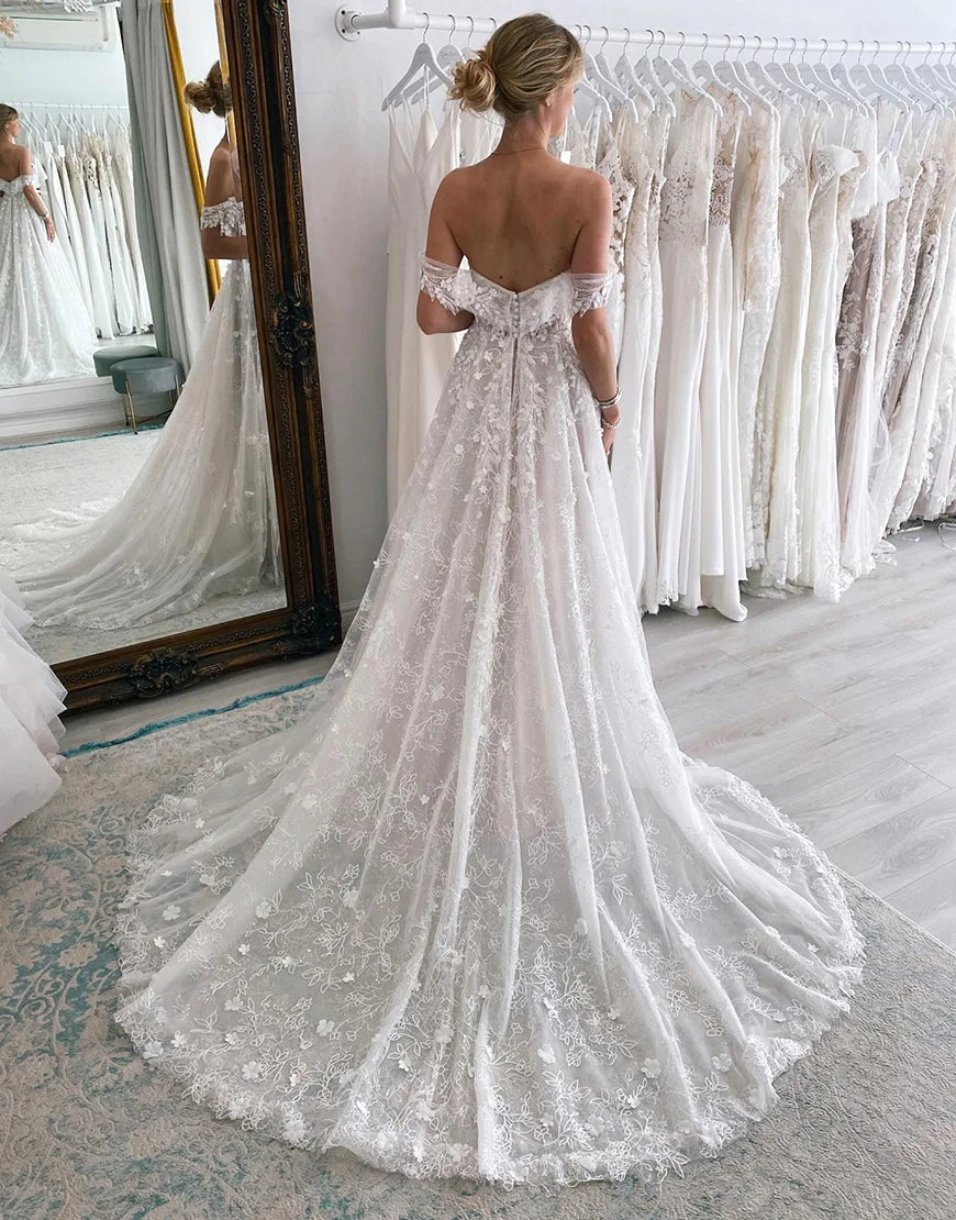 Off the Shoulder Long Lace Mermaid Wedding Dress with Appliques