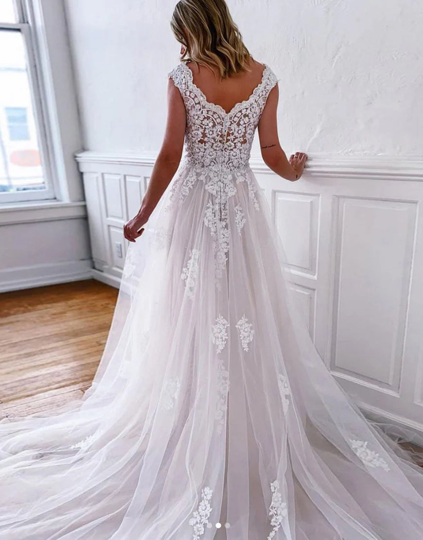 V Neck A Line Tulle Long Bridal Dress