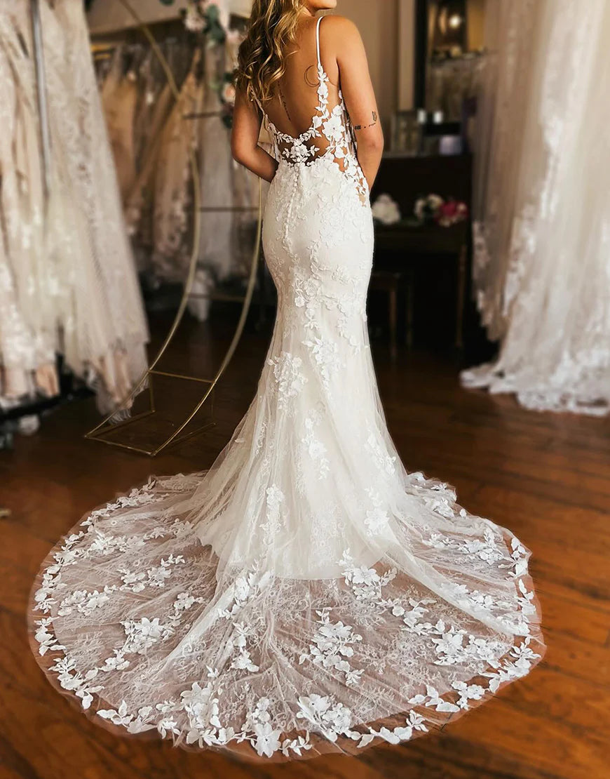 Gorgeous Applique Sheath Mermaid Floor Length Wedding Dress
