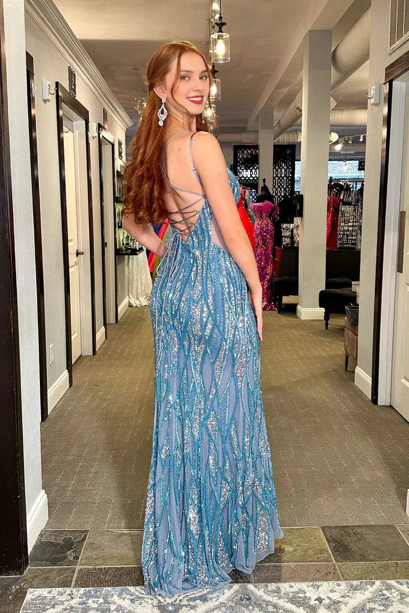 Blue V Neck Spaghetti Strap Sequins Mermaid Lace-Up Back Long Prom Dress with Slit