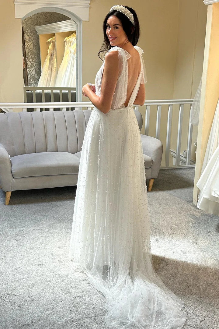 White Plunge V Tulle Pearls Bow Strap Backless A-Line Mopping The Floor Bridal Gown