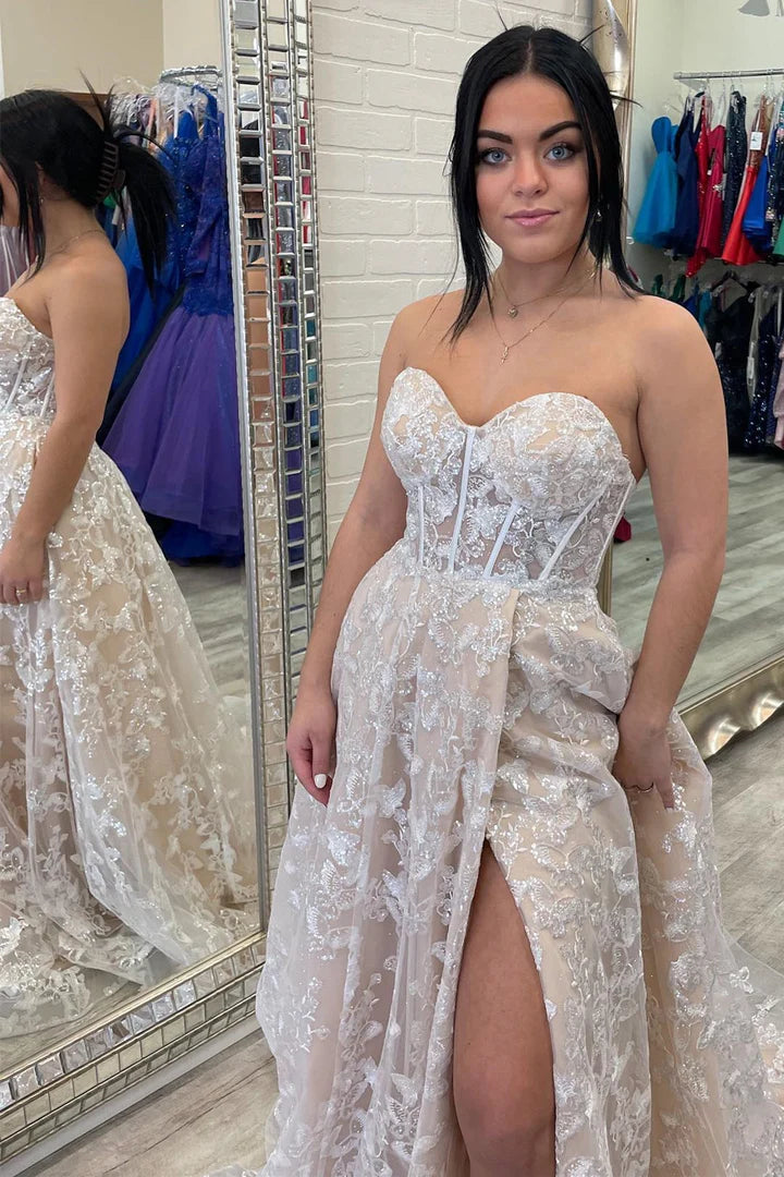 Sparkle Princess Bustier Puff Sleeve Lace Long Prom Gown
