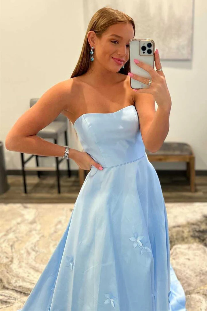 3D Flower Strapless A-Line Prom Dress