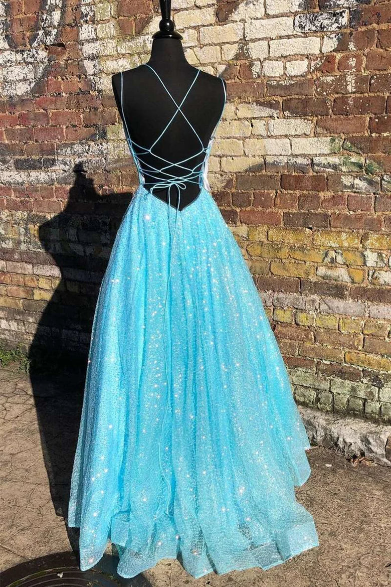 Sequin V-Neck Pleated A-Line Prom Dress