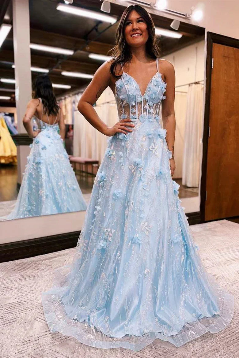 Princess 3D Floral Lace V-Neck A-Line Long Prom Dress