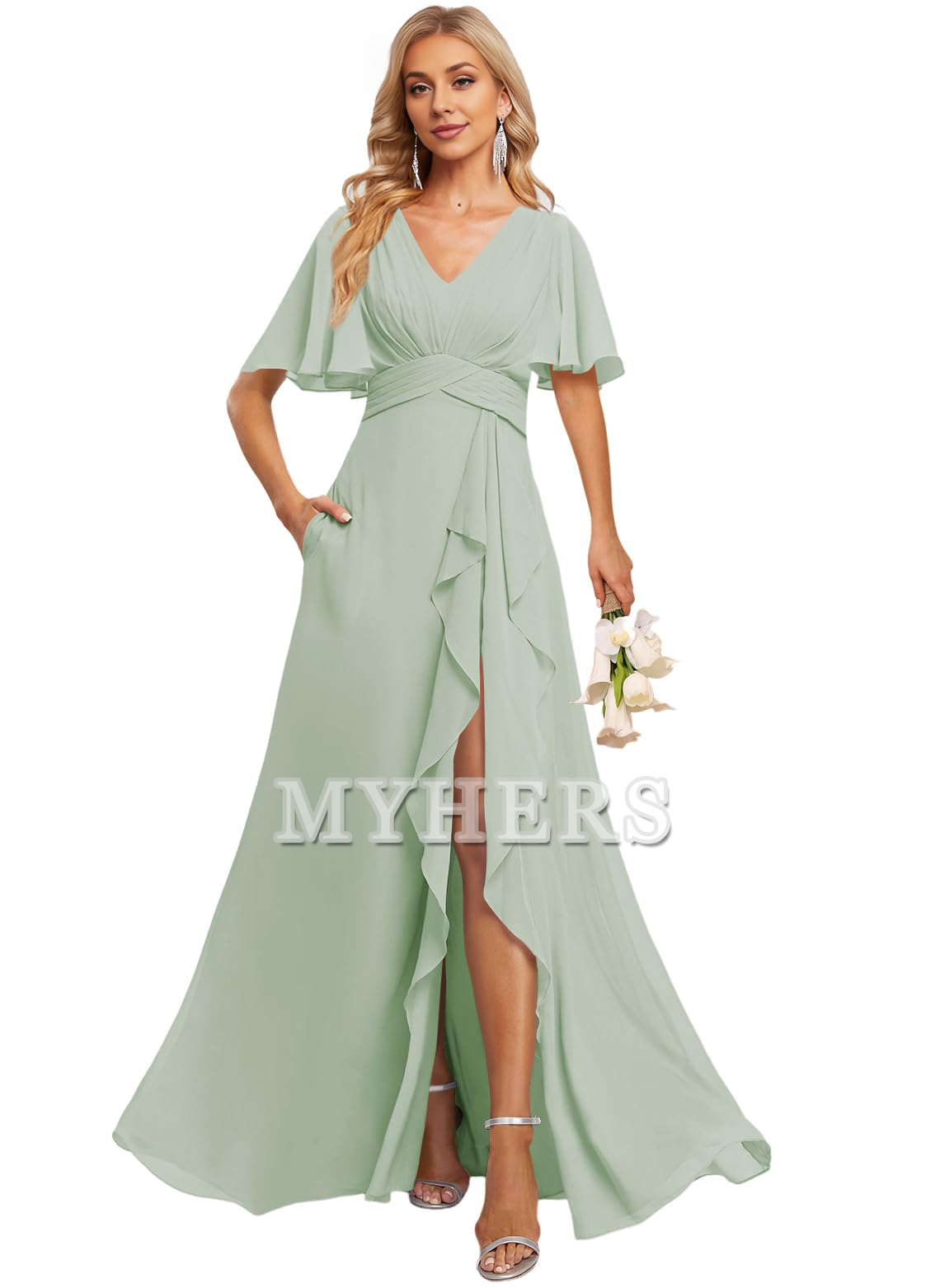 Elegant V Neck Flutter Sleeve Ruffle Side Fork Long Bridesmaid Dresses Wedding Guests Dresses