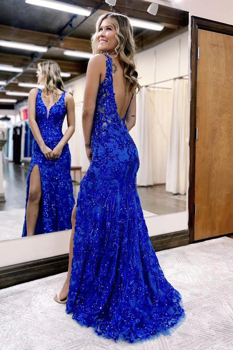 Charming Mermaid V Neck Royal Blue Sequins Lace Backless Prom Dress with Slit