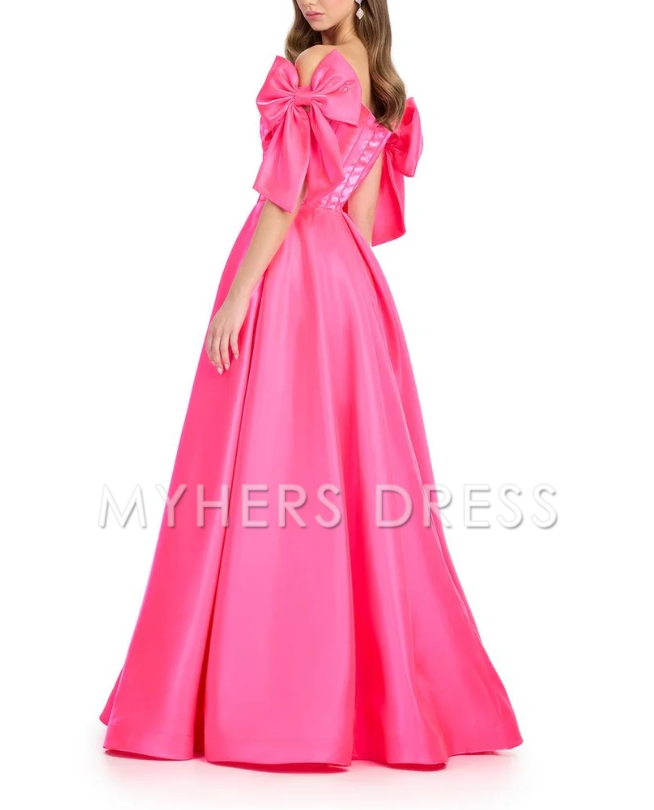 My Hers Ladies Formal Dress Elegant A Line Sweetheart Off The Shoulder Satin With Cute Bow Prom Dress