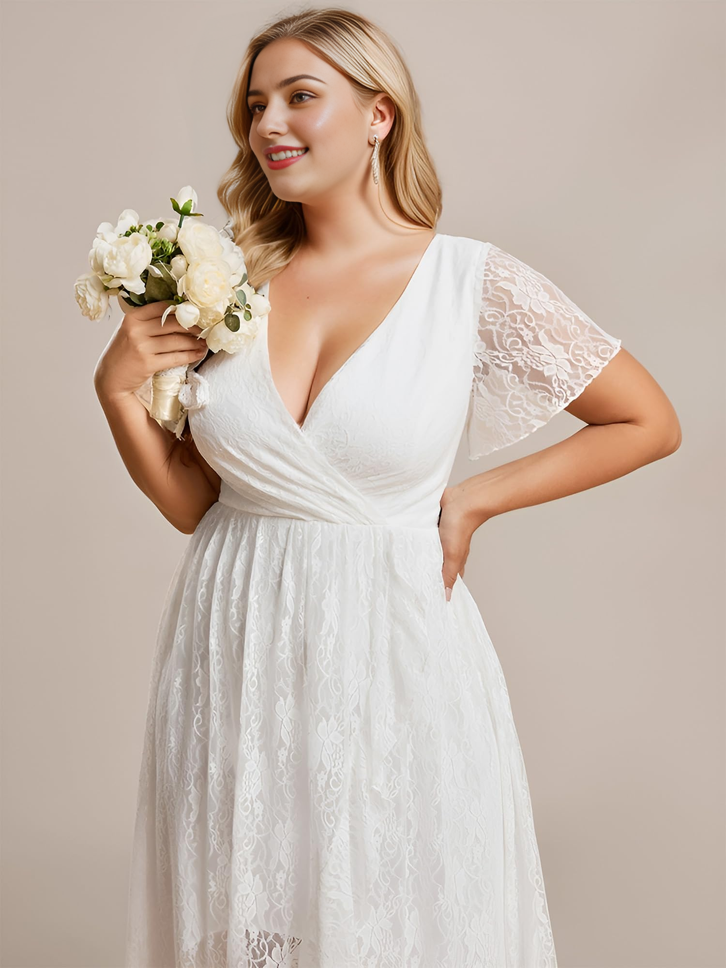 New Pattern Wedding Dress V Neck Ruffles Sleeves Pleated Loose Lace High Low Plus Size Formal Women's Dresses