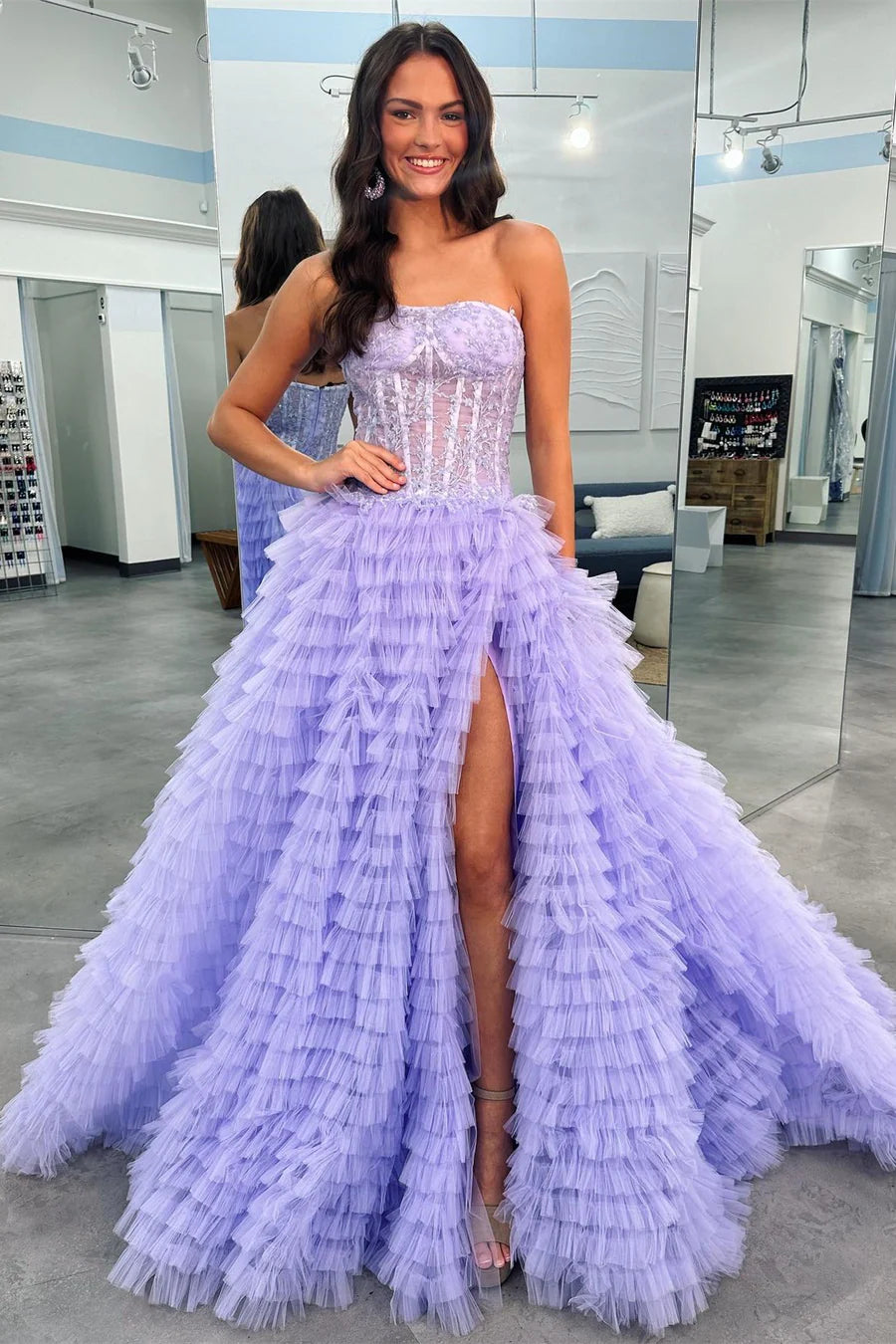 Tiered Strapless A-Line Prom Dress with Slit