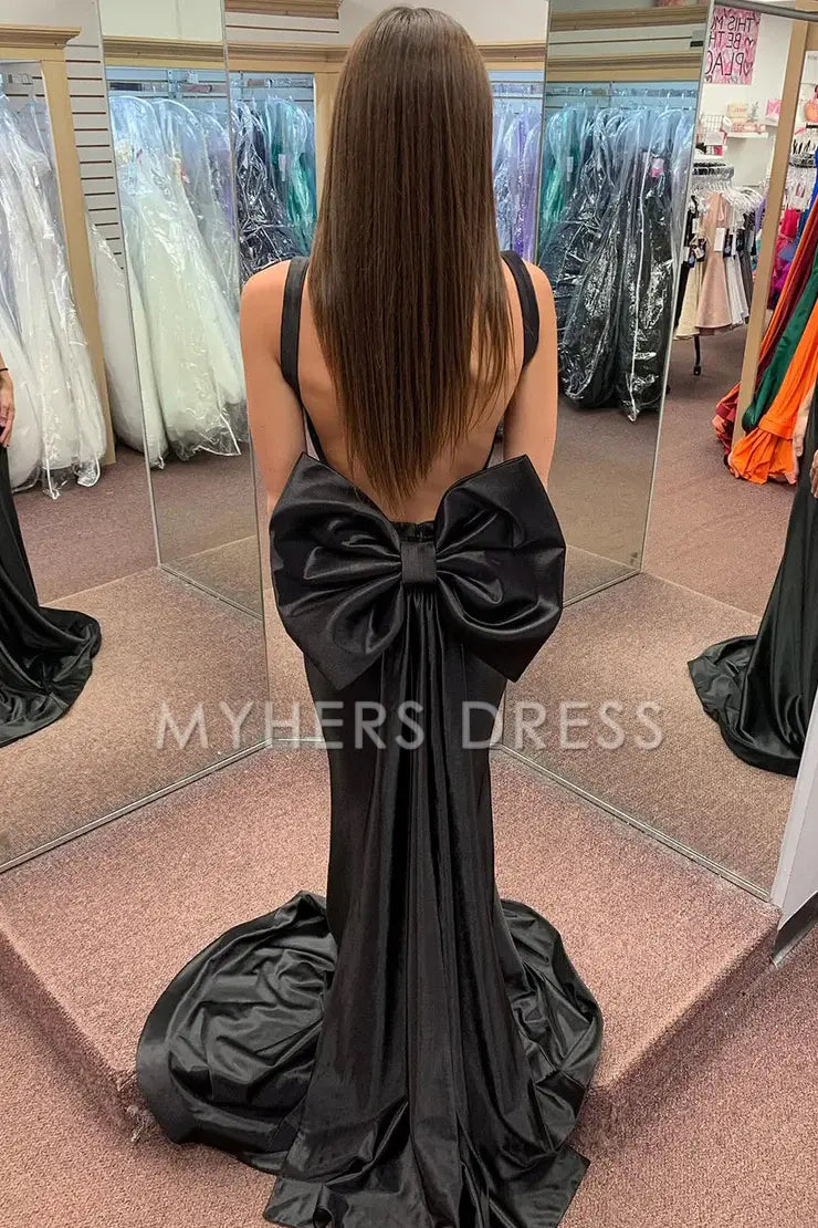 My Hers Ladies Formal Dress Sexy Mermaid Sweetheart Pleated Bodice Satin Backless Cute Big Bow Prom Dress