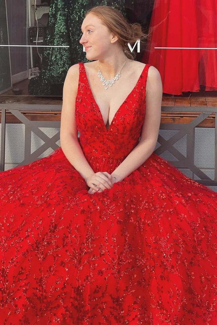 Princess Lace V-Neck Backless A-Line Prom Gown