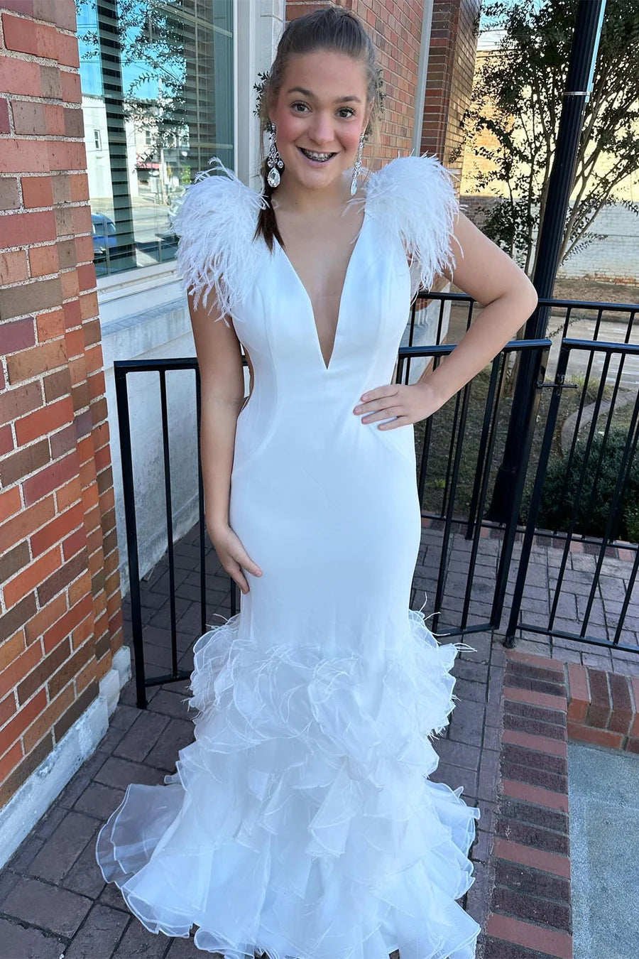 Plunge V Feather Ruffle Multi-Layer Long Gown