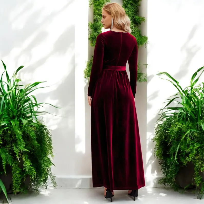 Long Velvet Dress Round Neck Long Sleeve Belt Formal Wear Dresses Wedding Guest Dress Evening Dress