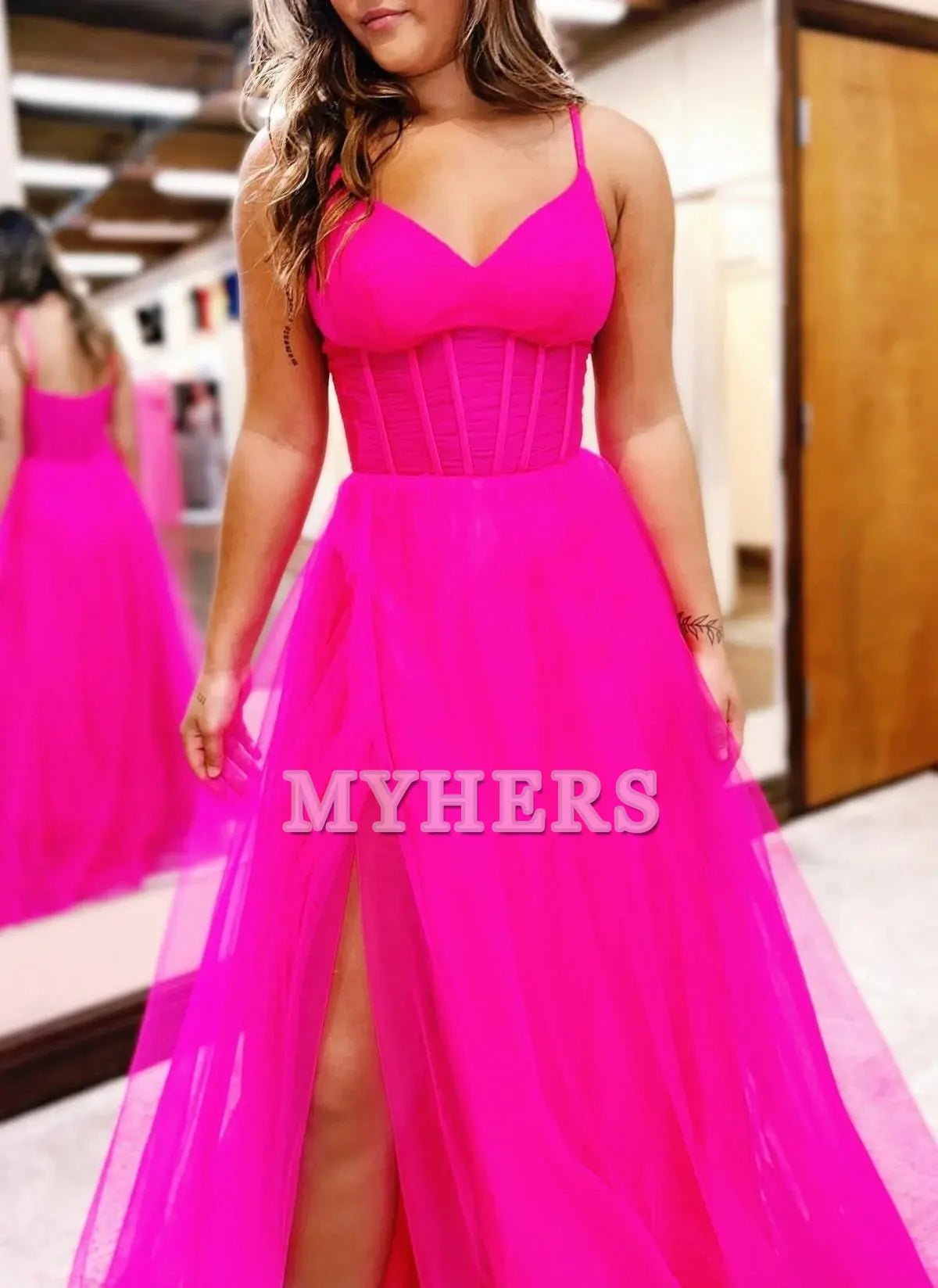 Formal Women's Dresses Wedding Guest Dresses A-Line V-Neck Sheer Bodice Long Romantic Prom Dress Side Fork Youthful Evening Dress