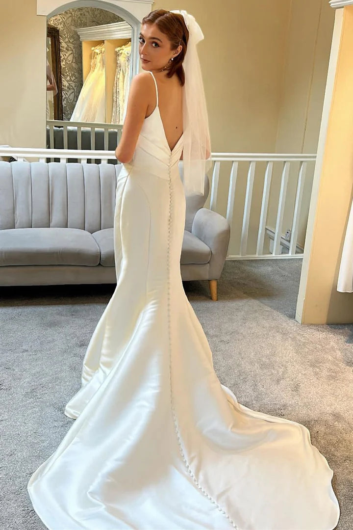 Ivory V-Neck Spaghetti Strap Wrap The Buttocks Backless Trumpet Mopping The Floor Long Wedding Dress