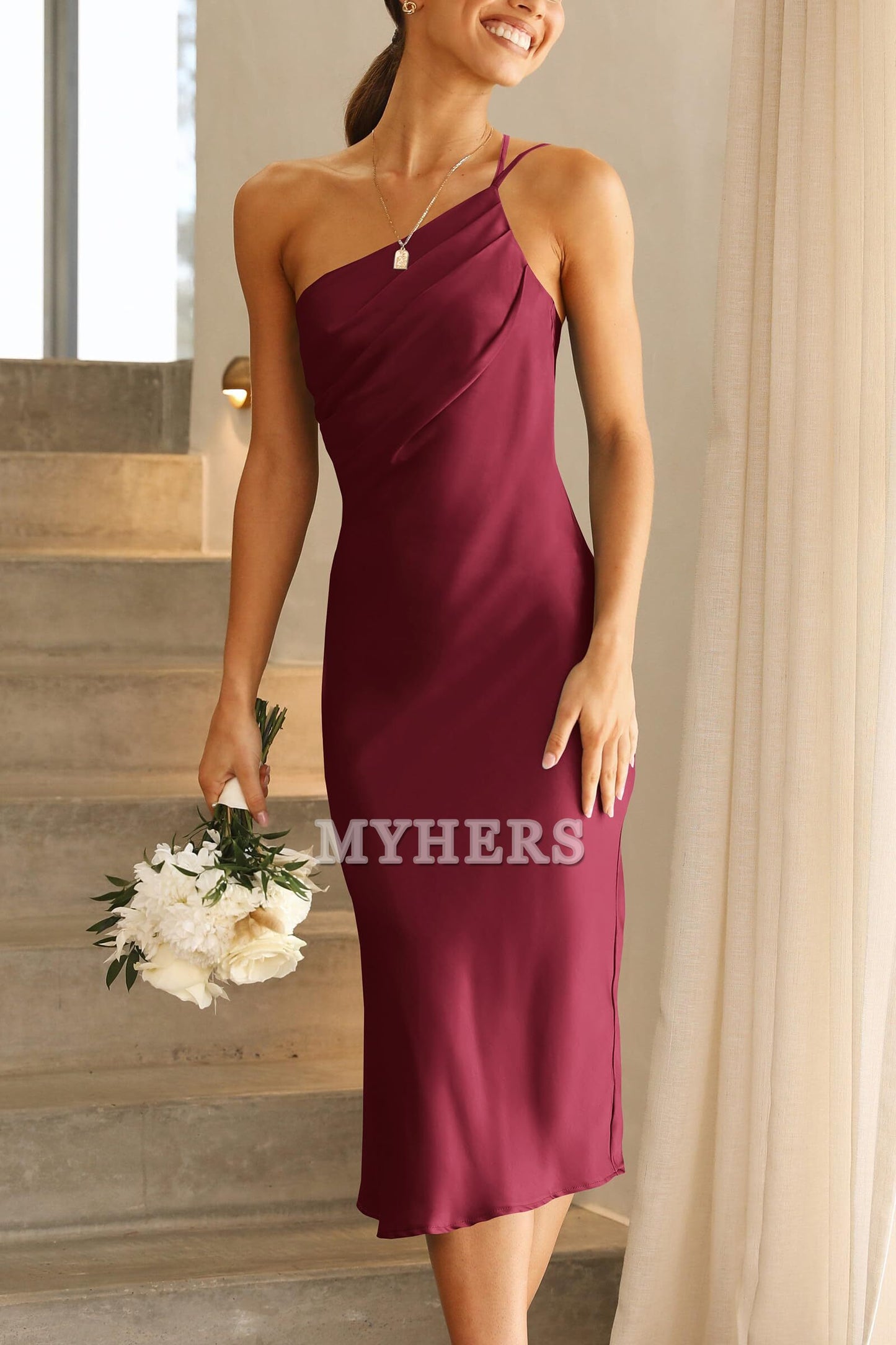 One Shoulder Spaghetti Strap Backless Ruched Simple Charming Bridesmaid Dresses Wedding Guests Dresses
