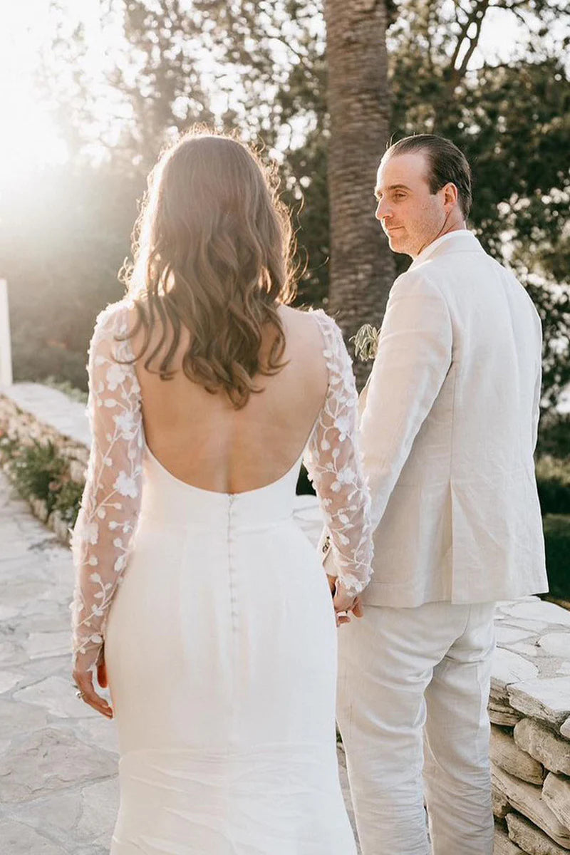 Charming Mermaid V Neck Lace Backless Wrap The Buttocks Long Sleeve Wedding Dresses