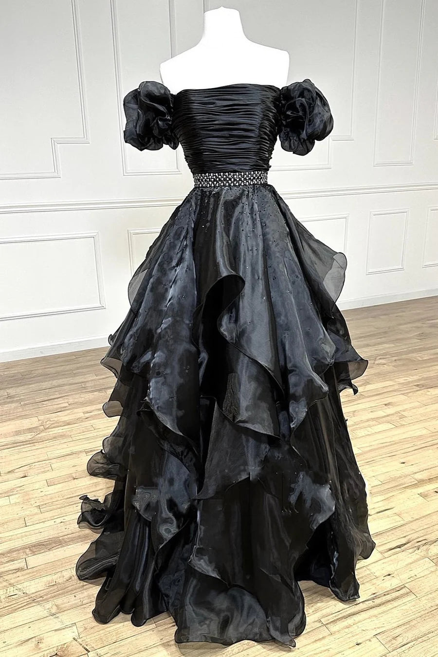 Off-the-Shoulder Puff Sleeve Multi-Layer Long Prom Dress