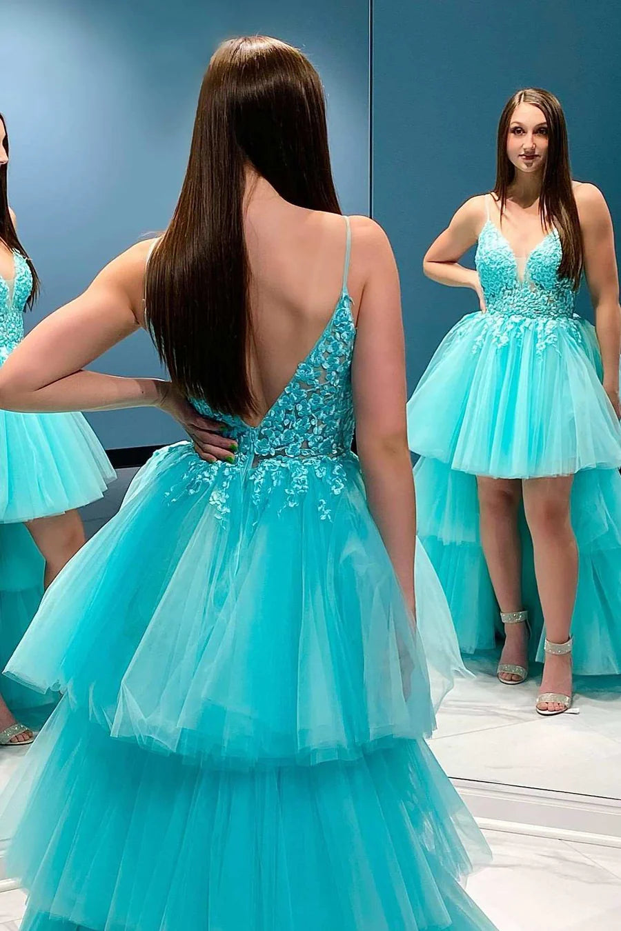 Floral Lace Tiered High-Low Prom Dress