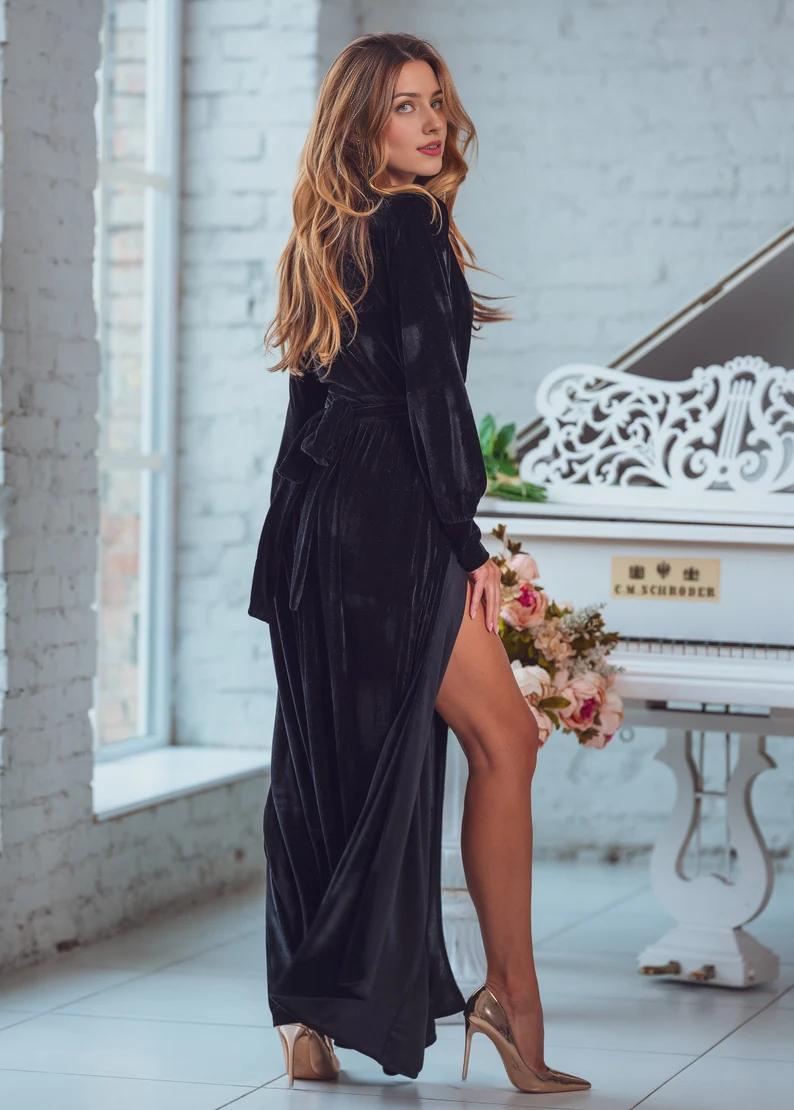 Long Wrap Dress Velvet Dress V Neck Long Sleeves Fashion Elegant Wedding Guest Dress Maxi Dress Evening Dress