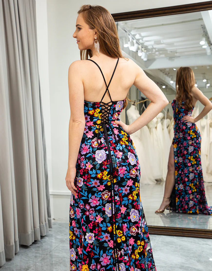 Flower Mermaid Spaghetti Straps Embroidered Prom Dress With Slit