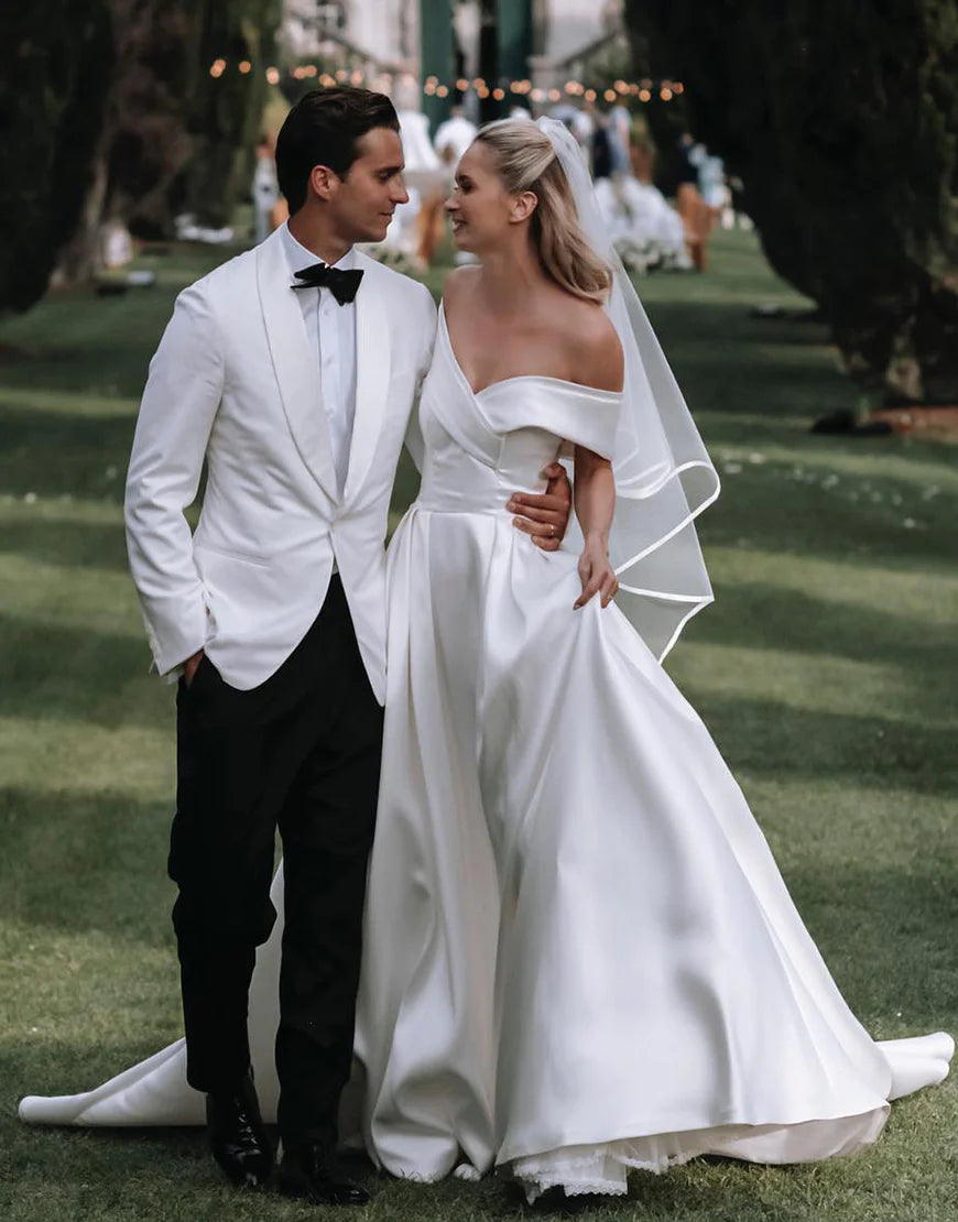Satin A-Line Off-the-Shoulder Mopping The Floor Wedding Dress