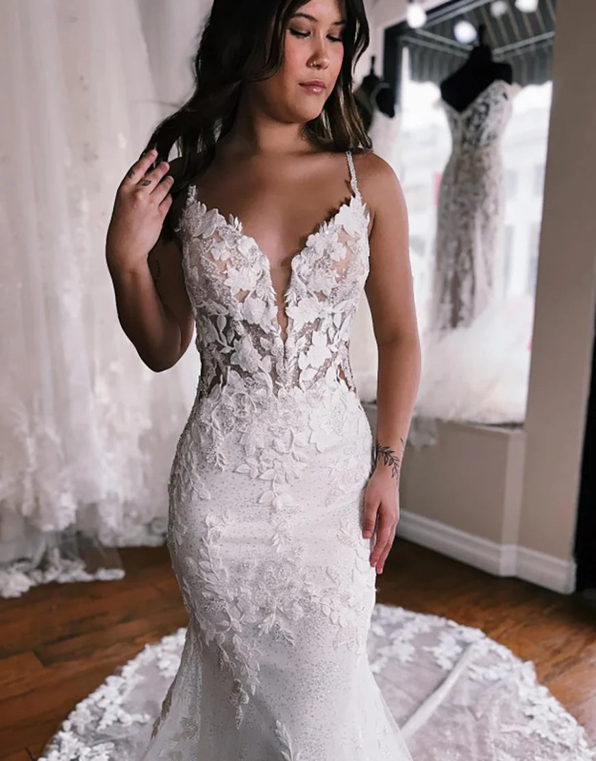 Mermaid Spaghetti Straps Ivory Open Back Long Bridal Dress