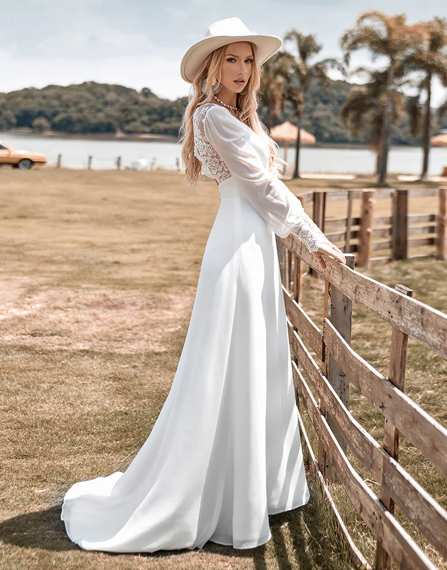 Boho Simple Sheath Long Sleeves Wedding Dress with Lace