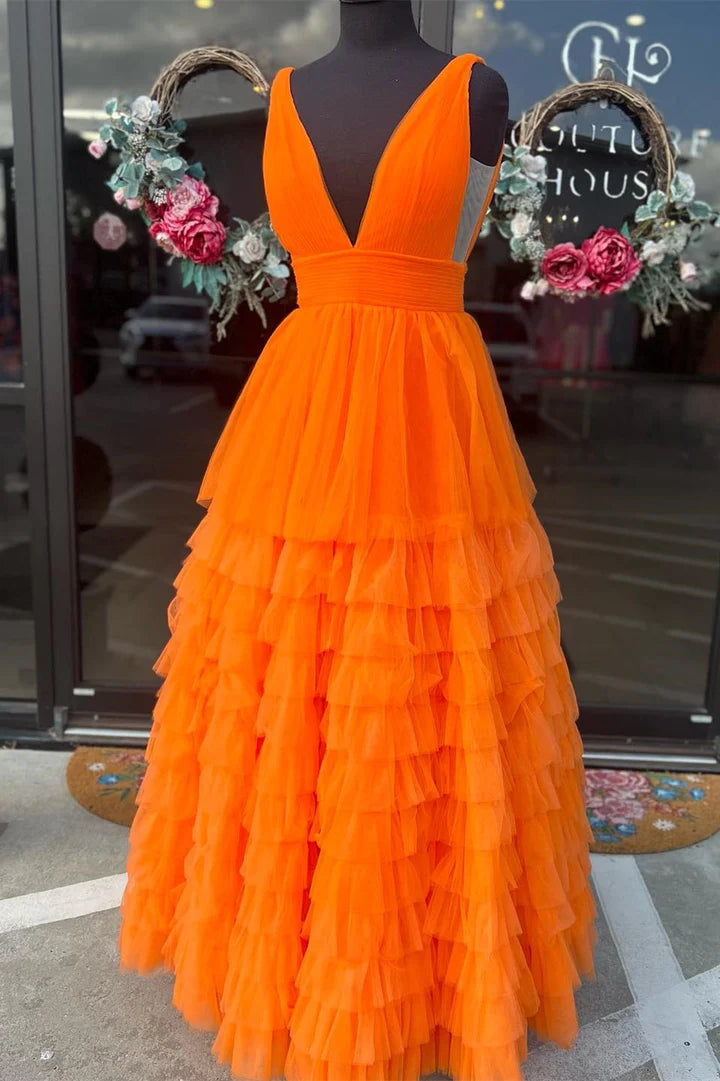 Multi-Tiered Plunge Neck A-Line Long Prom Dress